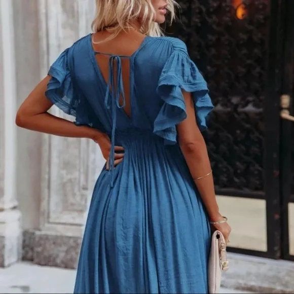 SOLD OUT Blue Gauze Boho Button Maxi Dress - Picture 9 of 9